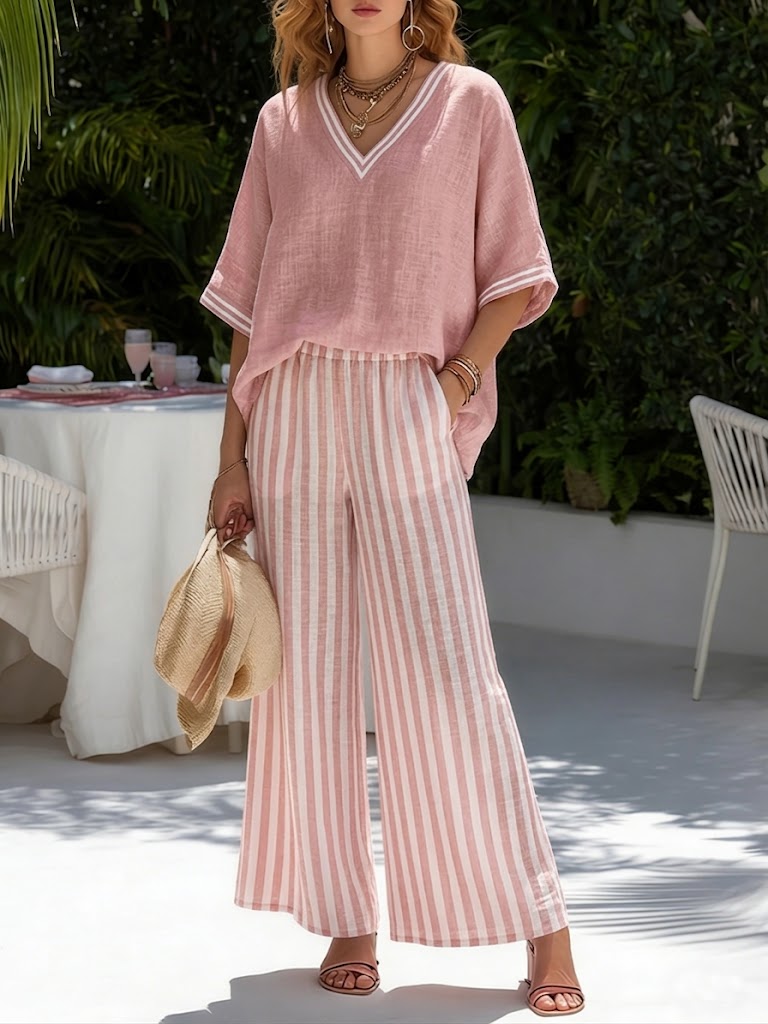 Beverly | Stilig V-ringad och Randig Byxdress