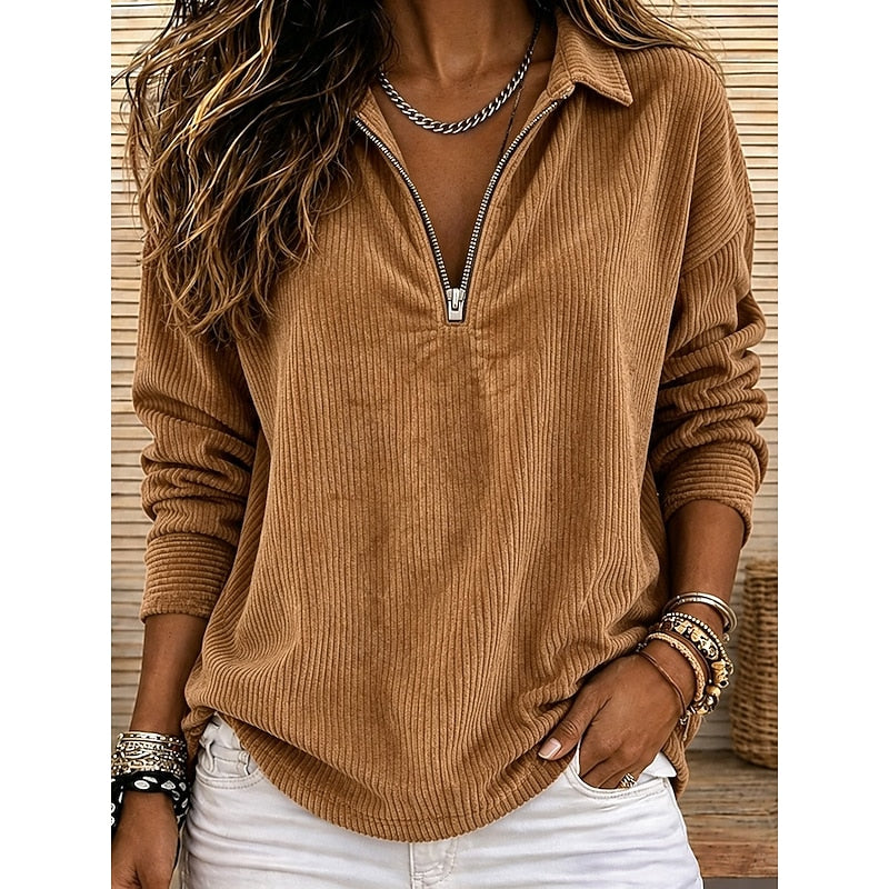 Genevra | Ribbad Quarter-Zip Pullover Top