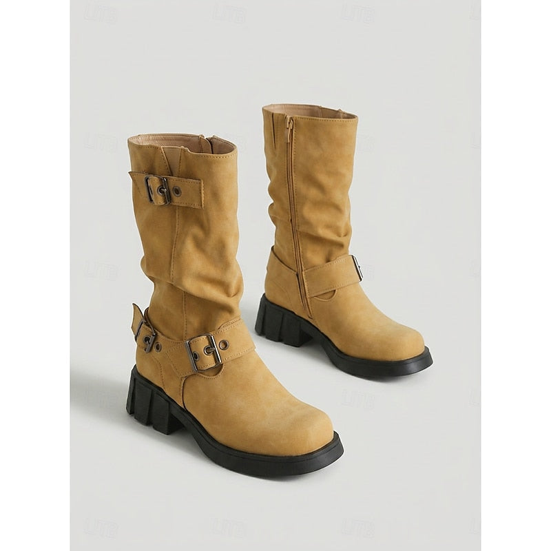 Sylvia | Bikerstövlar med Spänne, Mid-Calf