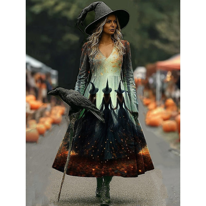Maren | Halloween Häxa Tryck A-Linje Maxi Klänning