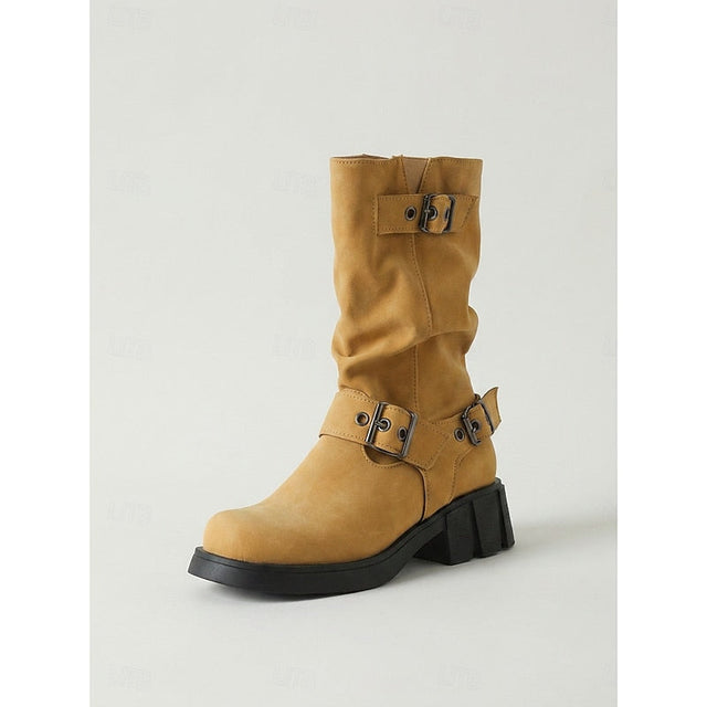 Sylvia | Bikerstövlar med Spänne, Mid-Calf