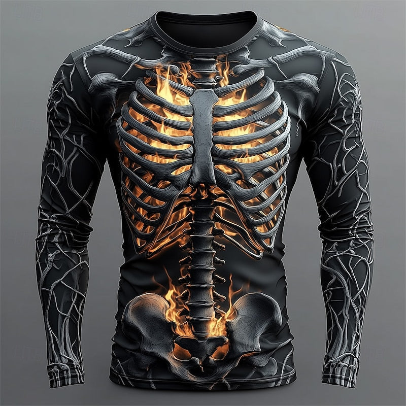 Jasper | Flammig Skelett Halloween T-shirt med Lång Ärmar